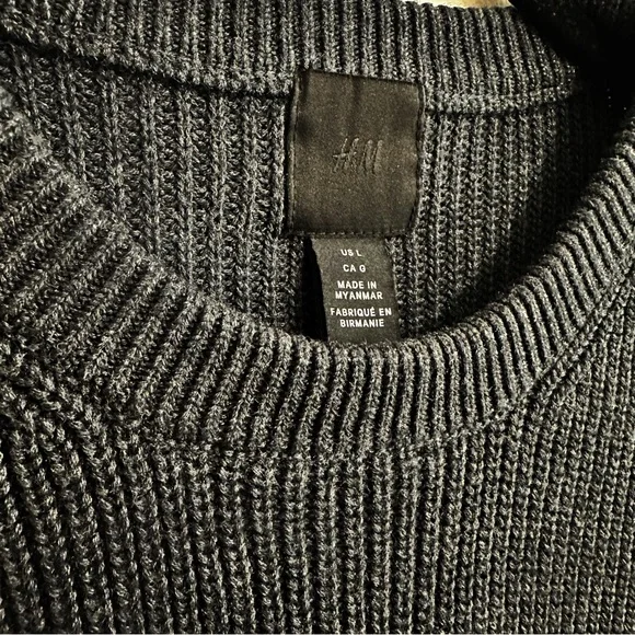 H&M Cotton Blend Textured Knit Crew Neck Sweater Size Large Charcoal Grey - Picture 3 of 7